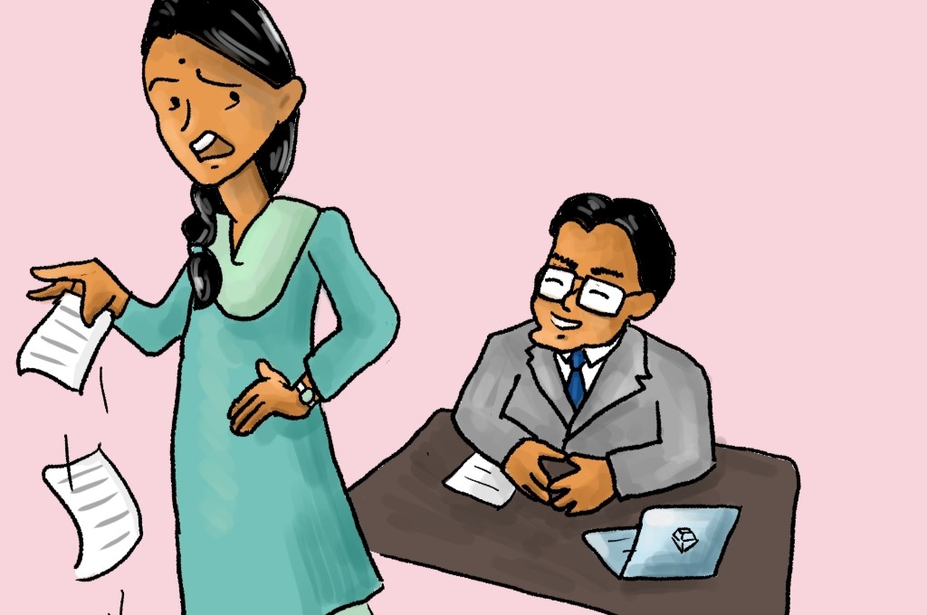 मेनेजर से रीसर्च के पेपर दिखाने के बाद असमंजस मे महिला_जमीनी हकीकत